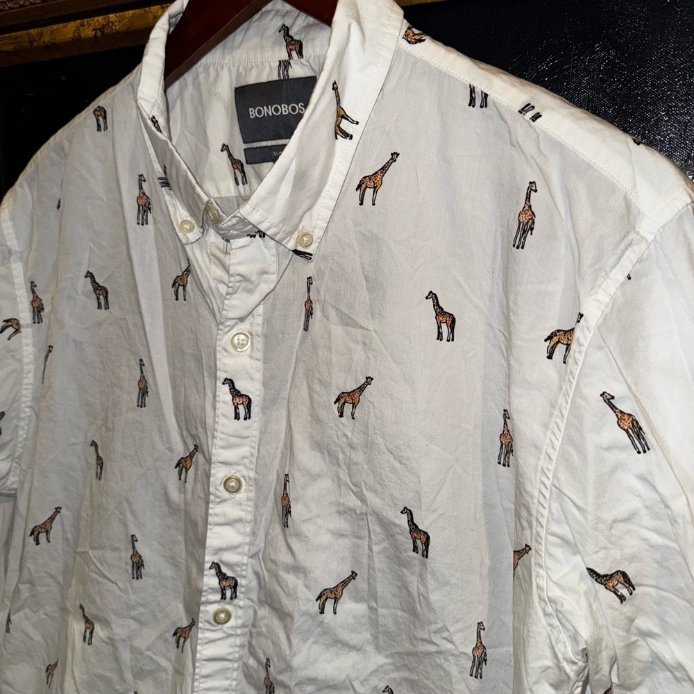 BONOBOS 100% Cotton White Slim Fit White Giraffe Print Casual Button Down Large